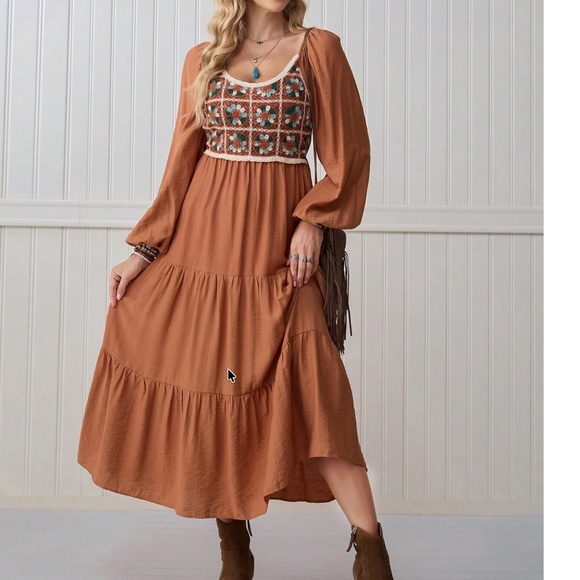 Dresses & Skirts - Boho Floral Crochet Long Sleeve High Waisted Dress